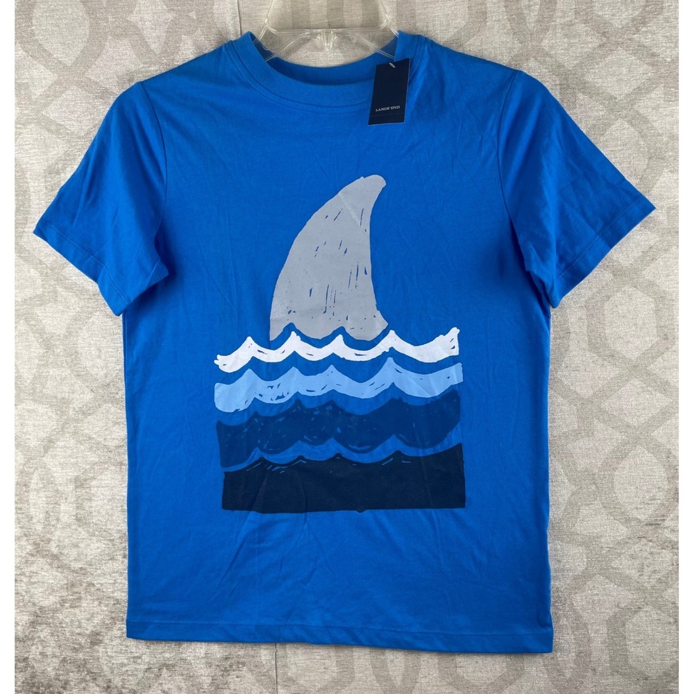 Lands End Graphic Tee Boys M 10-12 Shark Fin Blue Excellent Short Sleeve Cotton